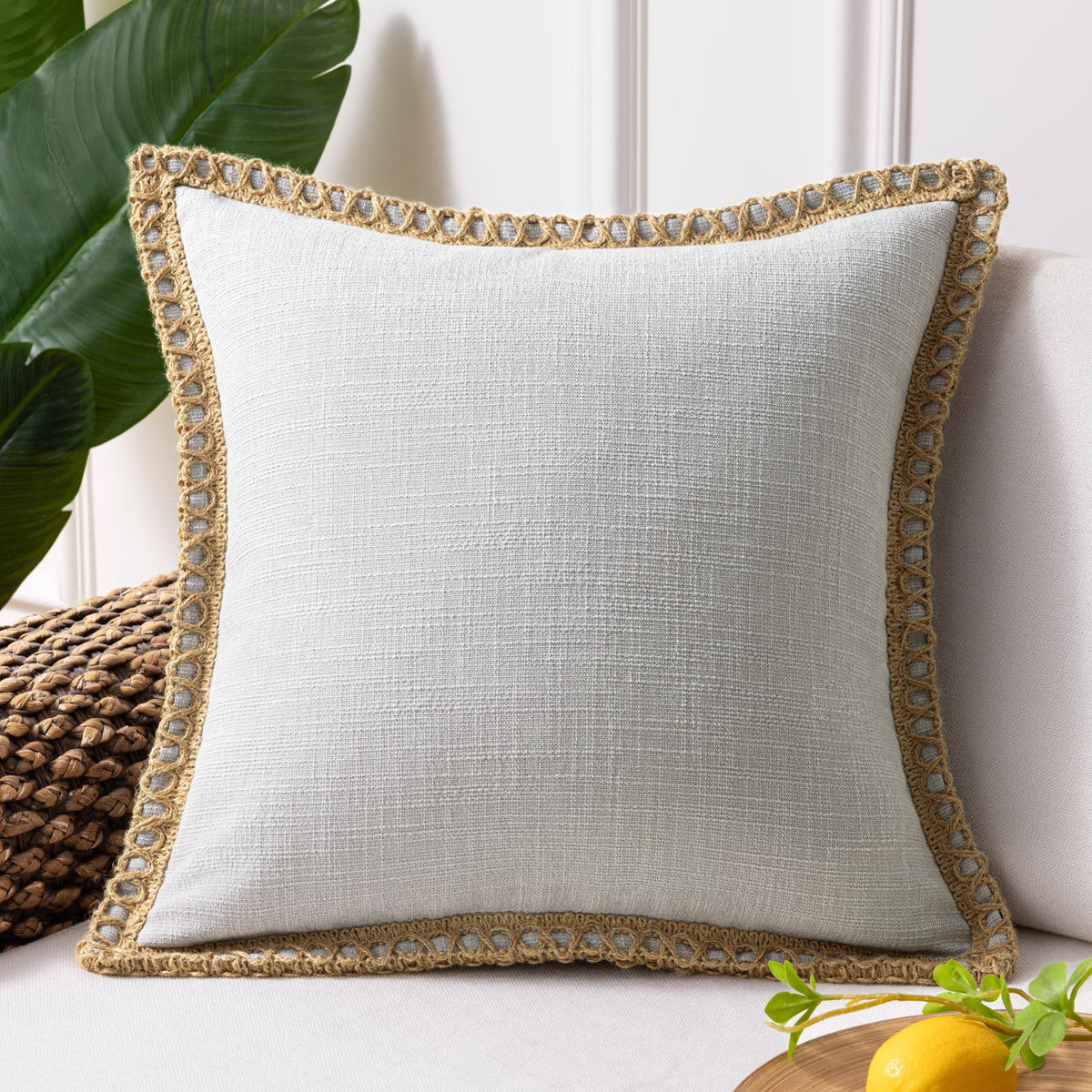 Phantoscope Pack of 2 Farmhouse Decorative Solid Throw Decorative Pillow Cover Burlap Linen Trimmed Tailored Edges Navy Blue 18 x 18 inches, 45 x 45 cm