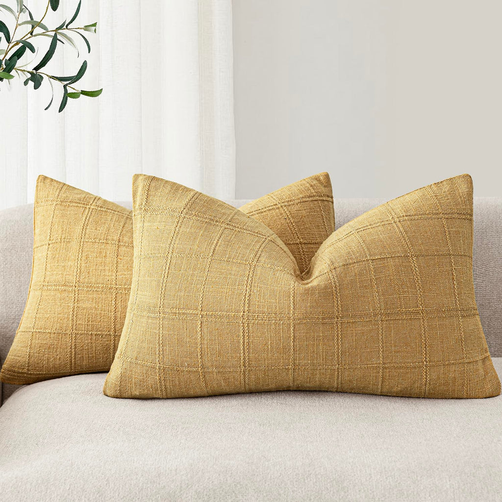 Foindtower Boho Linen Check Decorative Throw Pillow Cover 20×20 Olive Green