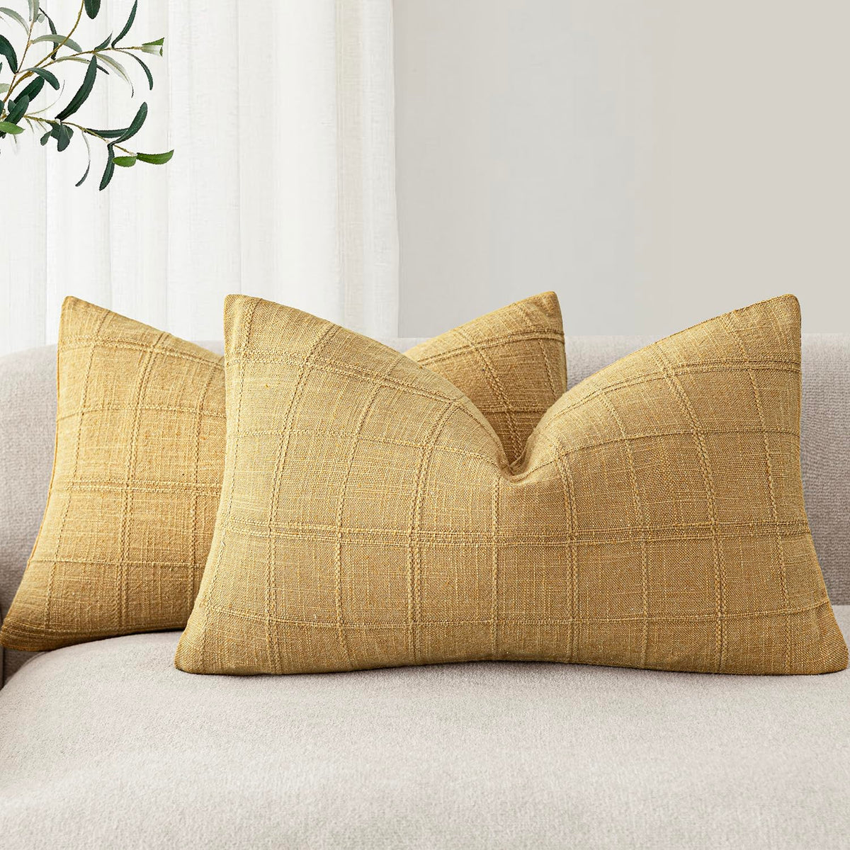 Foindtower Boho Linen Check Decorative Throw Pillow Cover 20×20 Olive Green