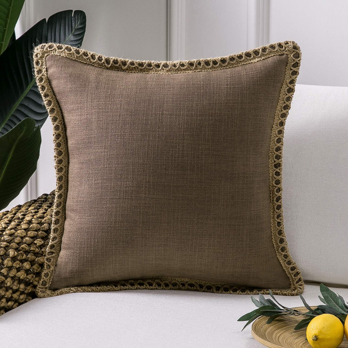 Phantoscope Pack of 2 Farmhouse Decorative Solid Throw Decorative Pillow Cover Burlap Linen Trimmed Tailored Edges Navy Blue 18 x 18 inches, 45 x 45 cm