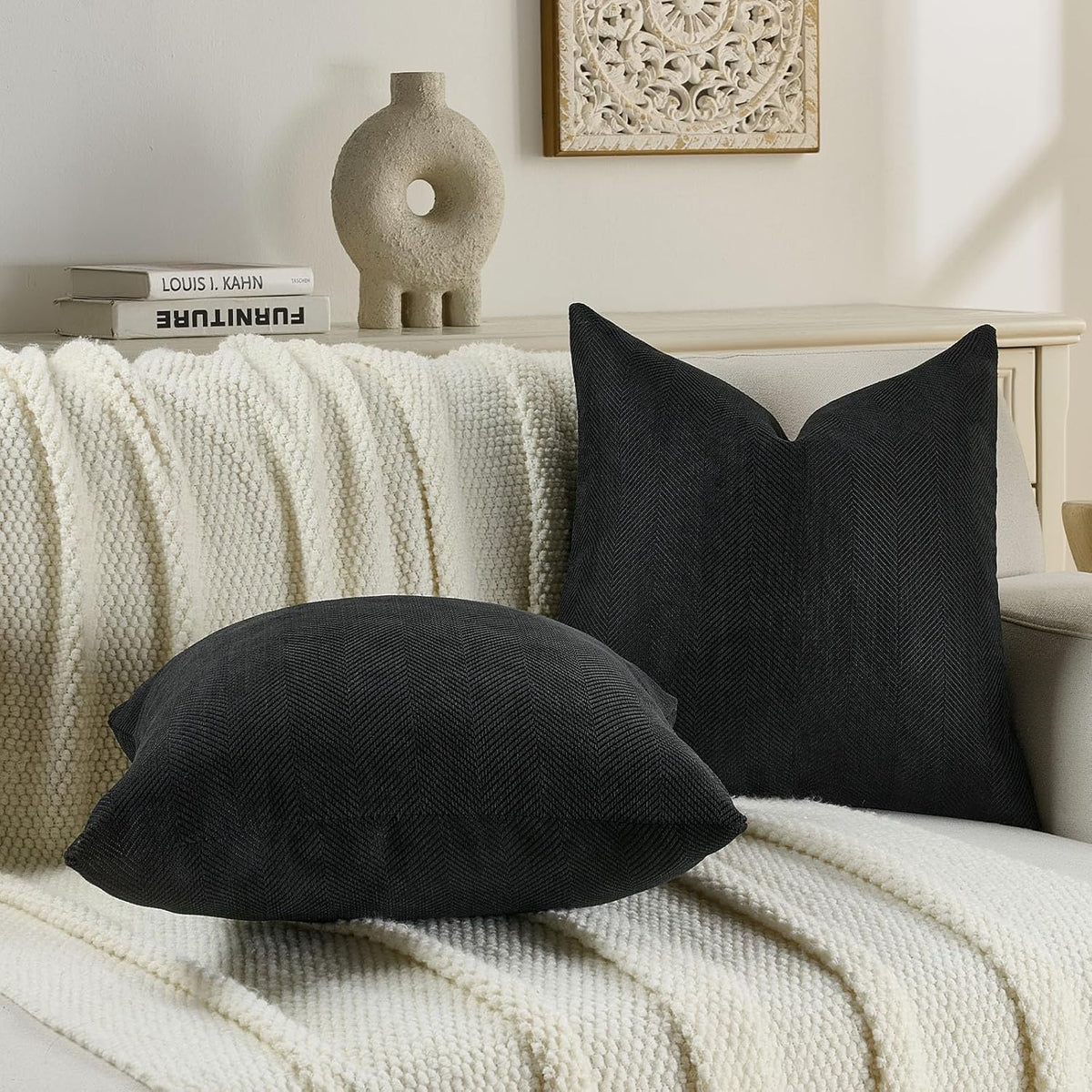 FUTEI Pack of 2 Chenille Throw Pillow Covers 18x18 Inch, Black