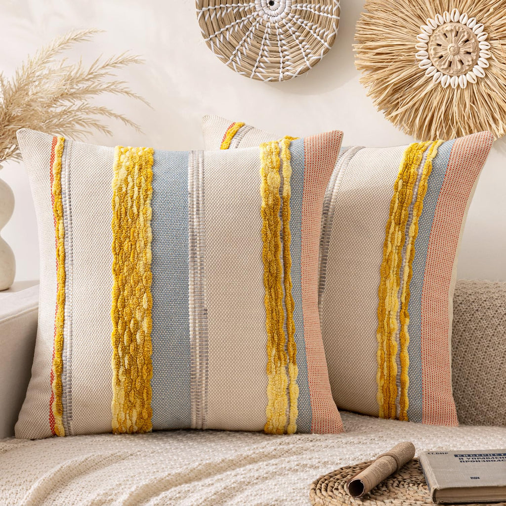 ANRODUO Boho Decorative Pillow Covers Olive Green Stripe 18x18 Pack of 2