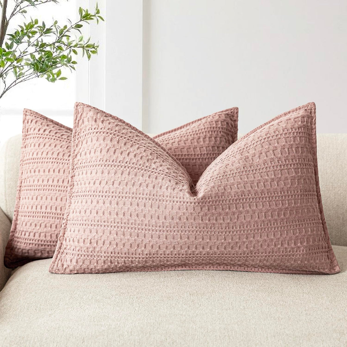 Foindtower Set of 2 Decorative Cotton Waffle Weave Textured Throw Pillow Covers Euro Sham Cushion Covers Accent European Pillowcase For Bed Couch Sofa Bedroom Living Room Home Decor 18×18 Inch Oatmeal