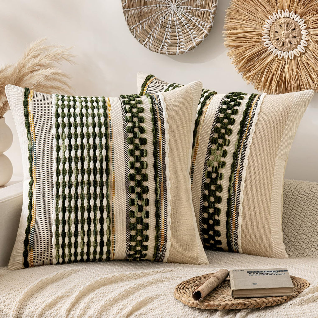 ANRODUO Boho Decorative Pillow Covers Olive Green Stripe 18x18 Pack of 2