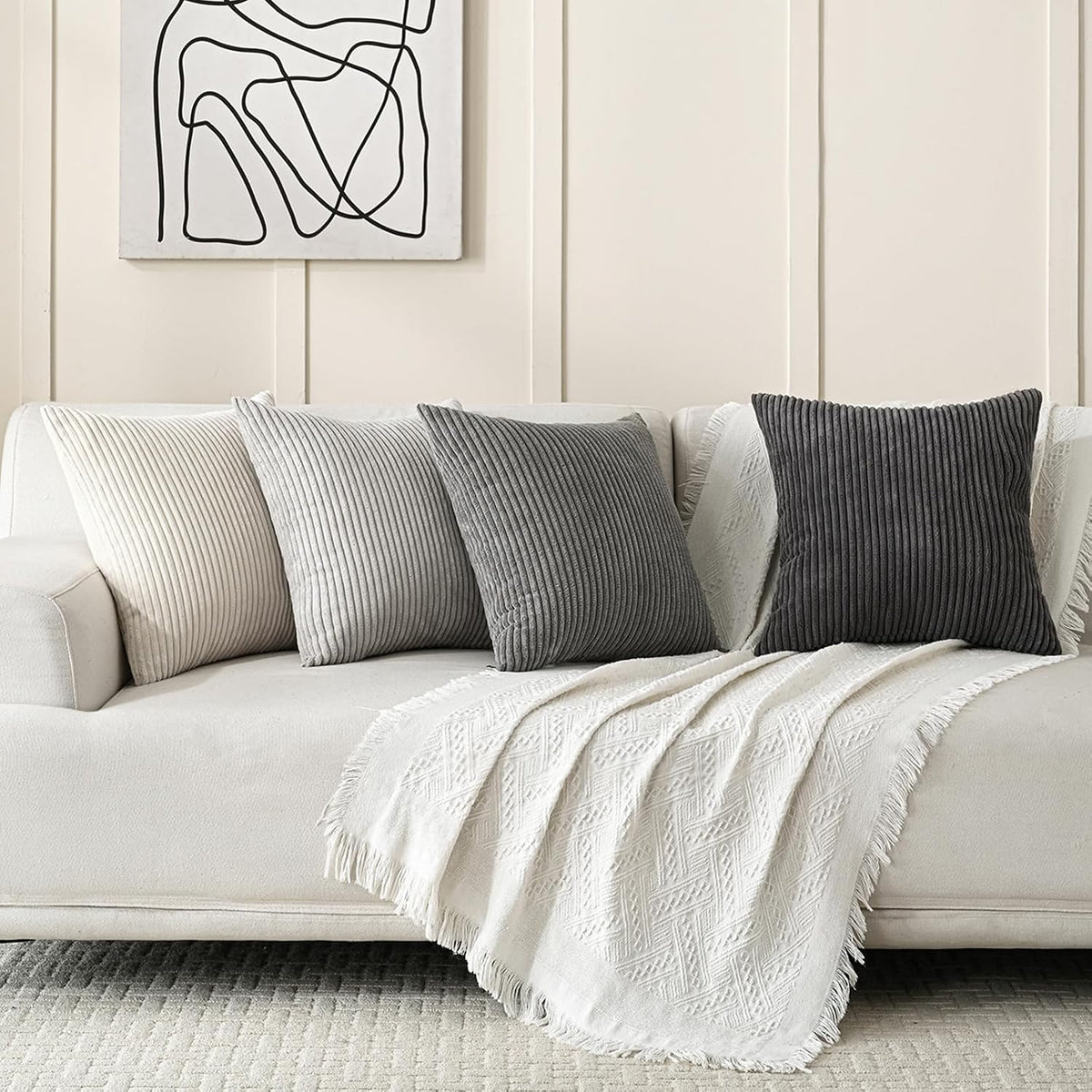 Volcanics Set of 4 Neutral Grey Corduroy Couch Throw Pillow Covers 18x18 in