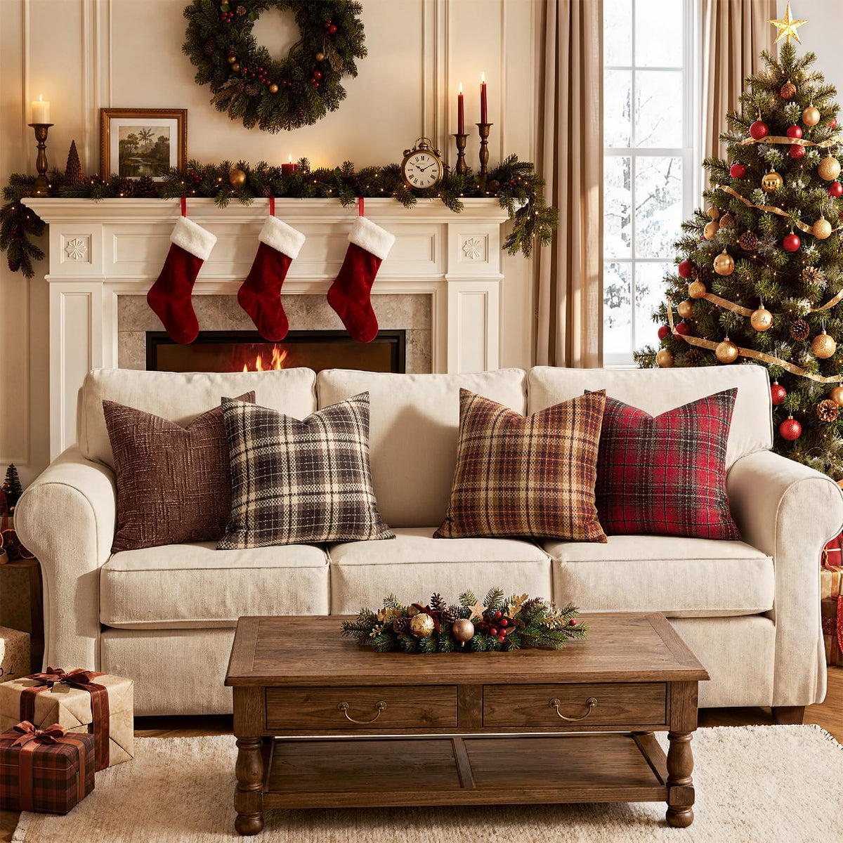 MIULEE Tartan Plaid Throw Pillow Covers Fall 18x18 Inch Coffee Brown
