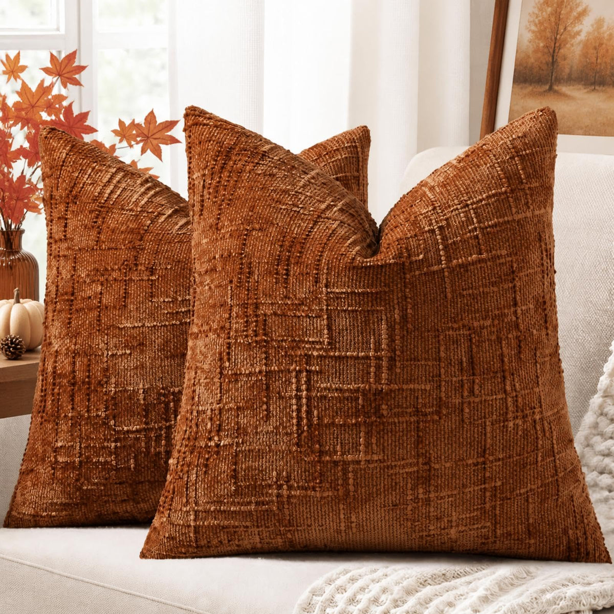 decorUhome Textured Chenille Throw Pillow Covers 18x18 Set of 2 Cream White