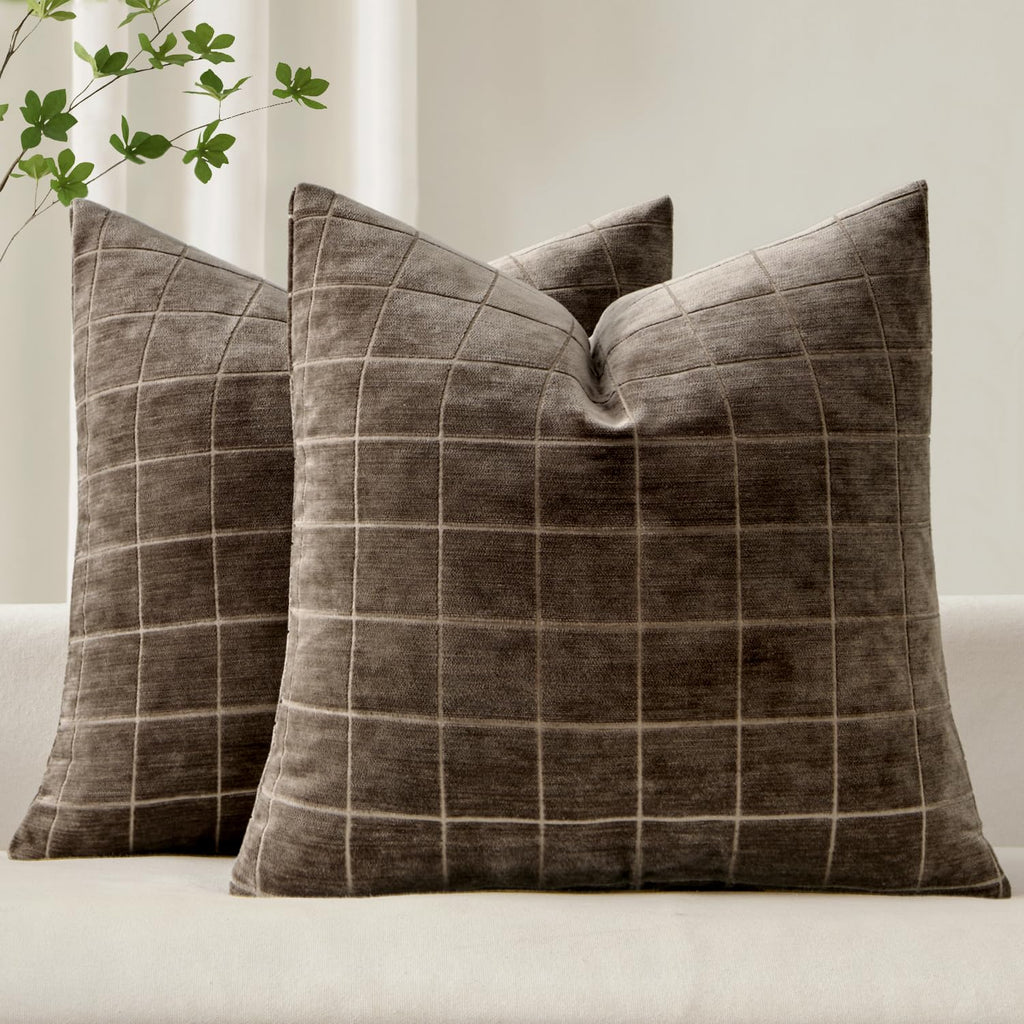 MIULEE Taupe Grey Plaid Decorative Fall Throw Pillow Covers 20x20 Set of 2