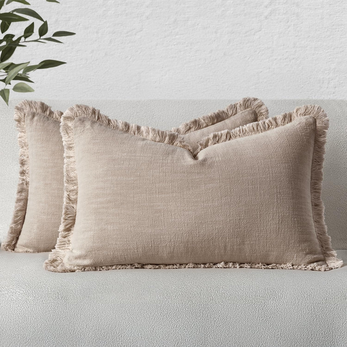 MIULEE Linen Fringe Decorative Throw Pillow Covers Natural Beige 20x20