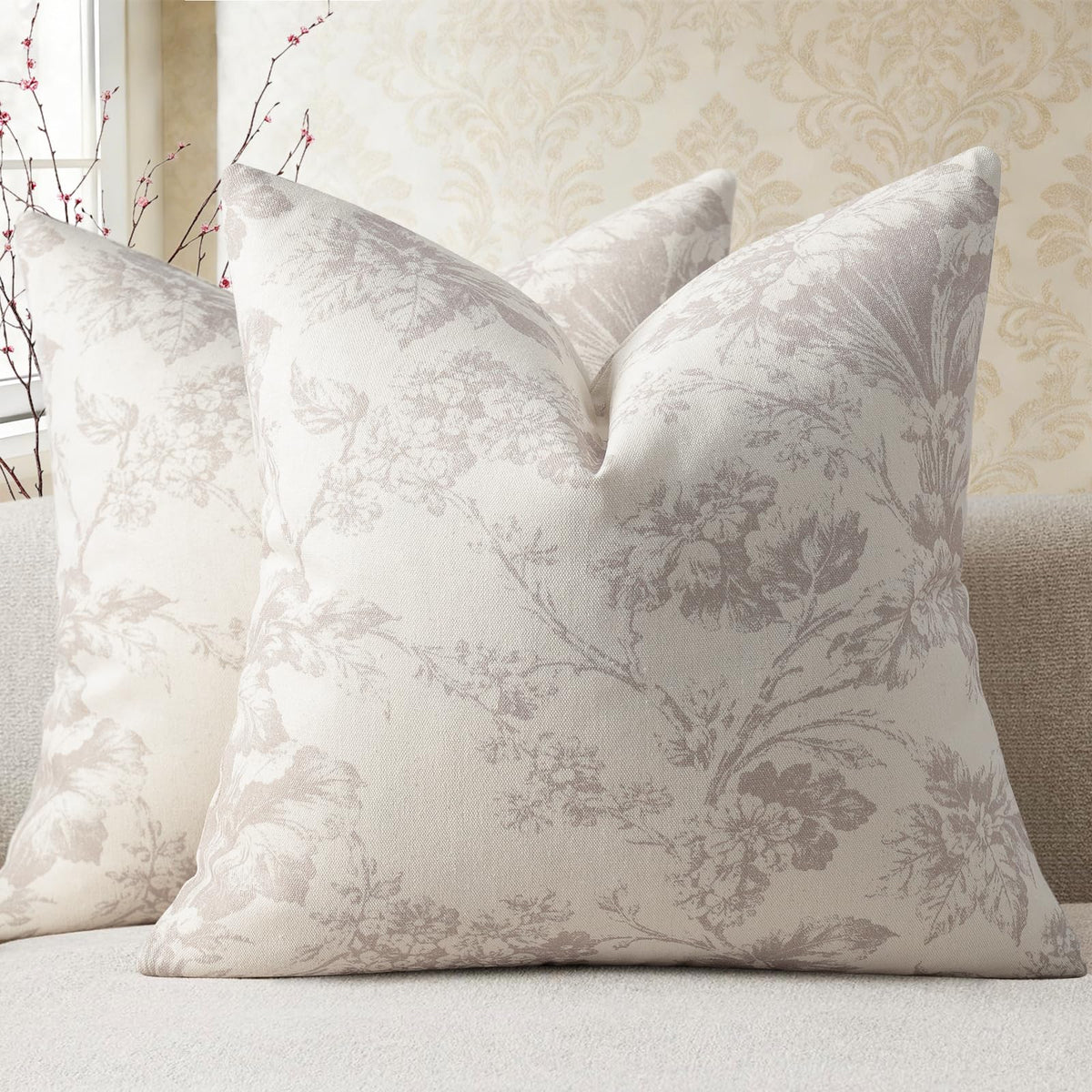 Buenohuas Farmhouse Decorative Pillow Covers 18x18 Set of 2, Vintage Botanical Floral Patterned Cushion Covers for Sofa Couch Chair Bed Living Room Home Decor Accents, Olive Green