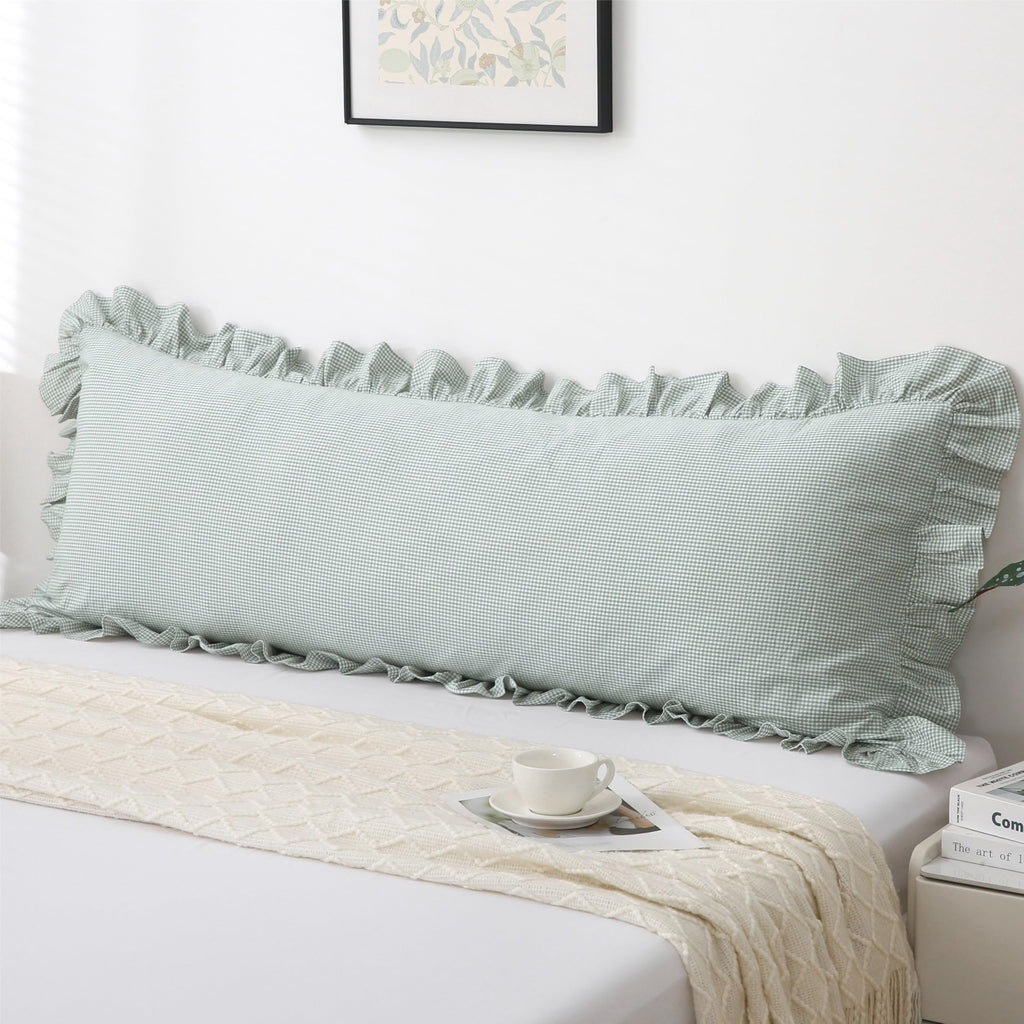 Gingham Throw Pillow Covers 18x18, Warm Taupe/White, Ruffle Trim