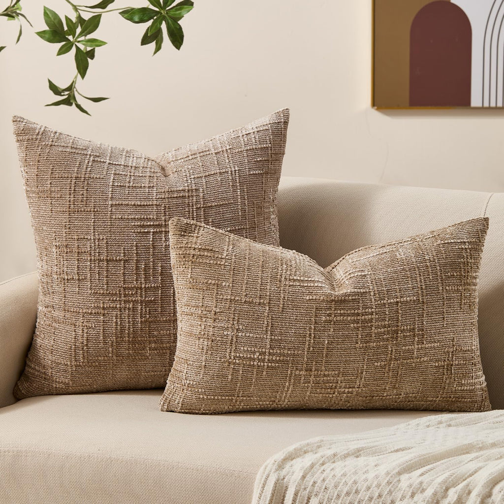 Allorry Decorative Couch Throw Pillow Covers 18x18 Set of 2 Camel Soft Chenille Pillow Covers Neutral Textured Boho Cushion Covers for Modern Farmhouse Sofa Bedroom Living Room Decor SY008-D18