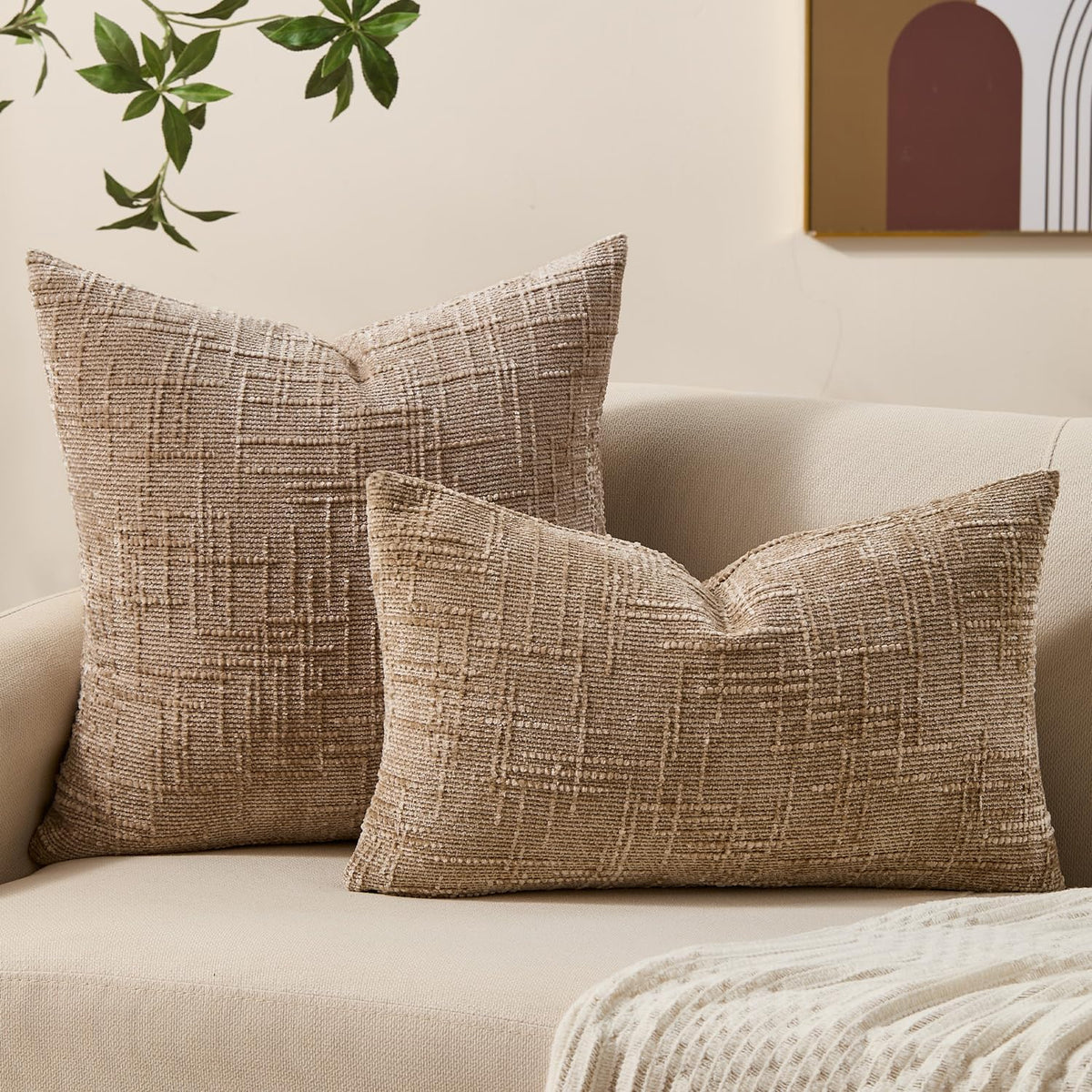 Allorry Decorative Couch Throw Pillow Covers 18x18 Set of 2 Camel Soft Chenille Pillow Covers Neutral Textured Boho Cushion Covers for Modern Farmhouse Sofa Bedroom Living Room Decor SY008-D18