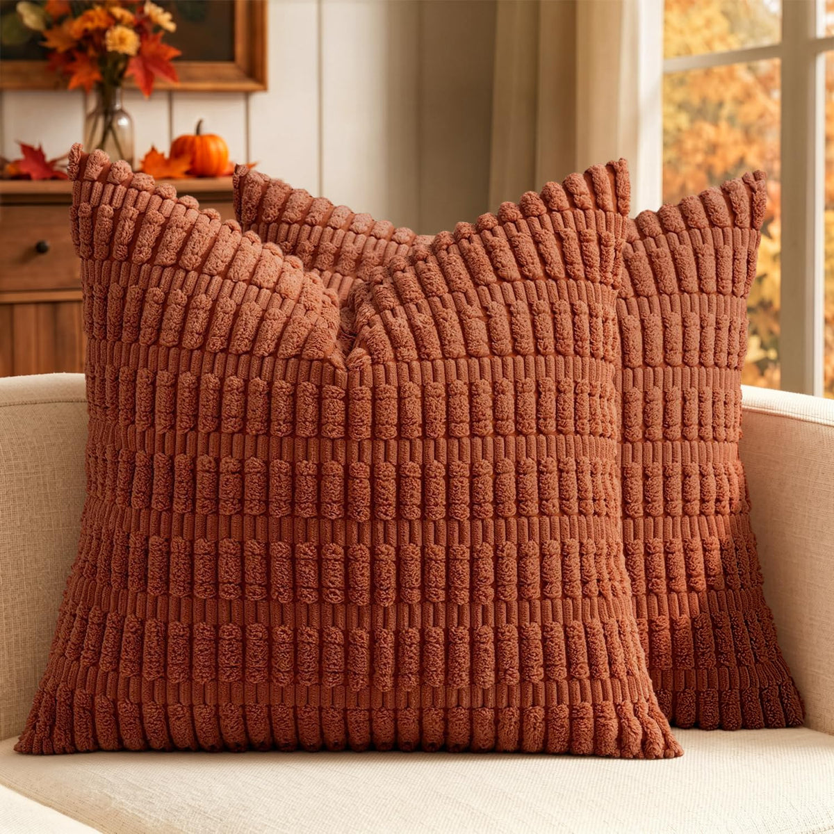 MIULEE Fall Corduroy Decorative Throw Pillow Covers 18x18 Rust Pack of 2