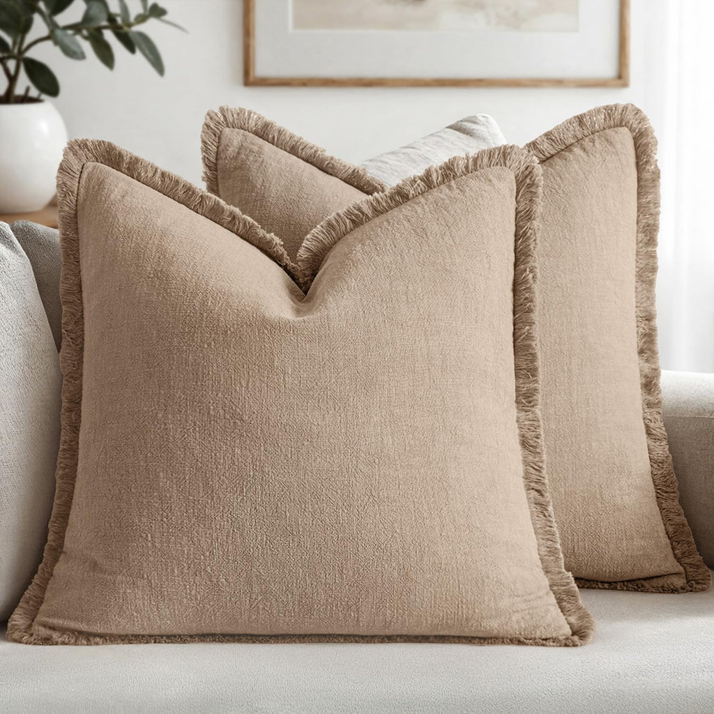 MIULEE Linen Fringe Decorative Throw Pillow Covers Natural Beige 20x20