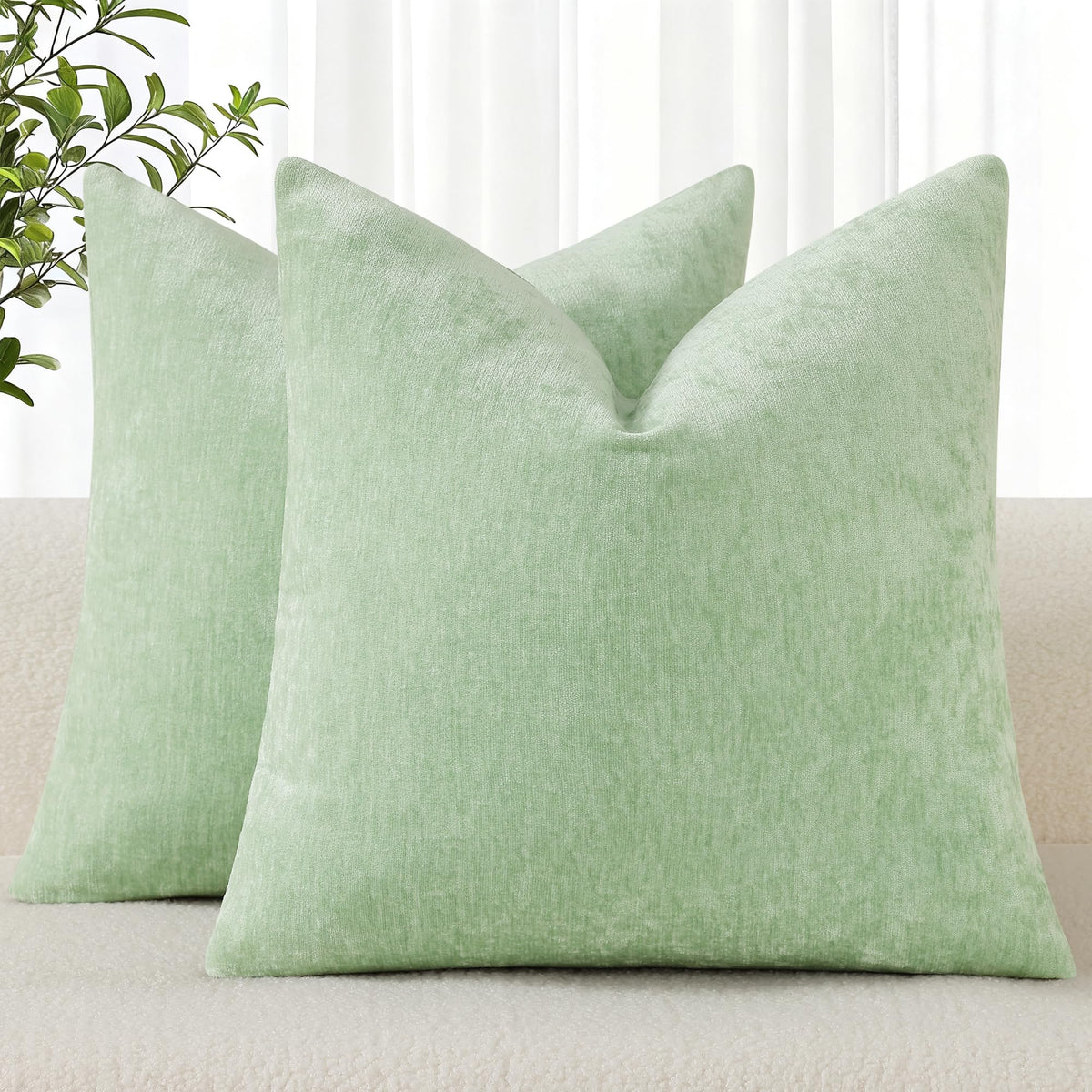 decorUhome Soft Chenille Moss Green Throw Pillow Covers 18X18 Set of 2