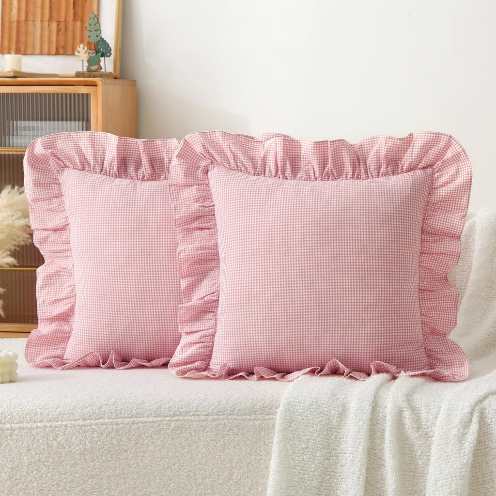 Gingham Throw Pillow Covers 18x18, Warm Taupe/White, Ruffle Trim