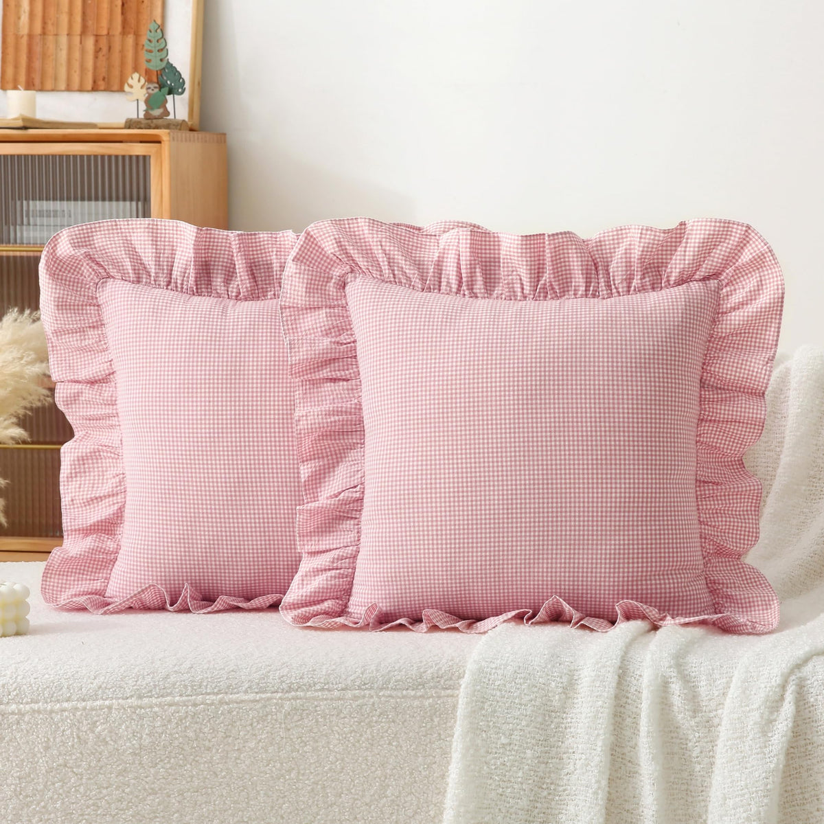 Gingham Throw Pillow Covers 18x18, Warm Taupe/White, Ruffle Trim
