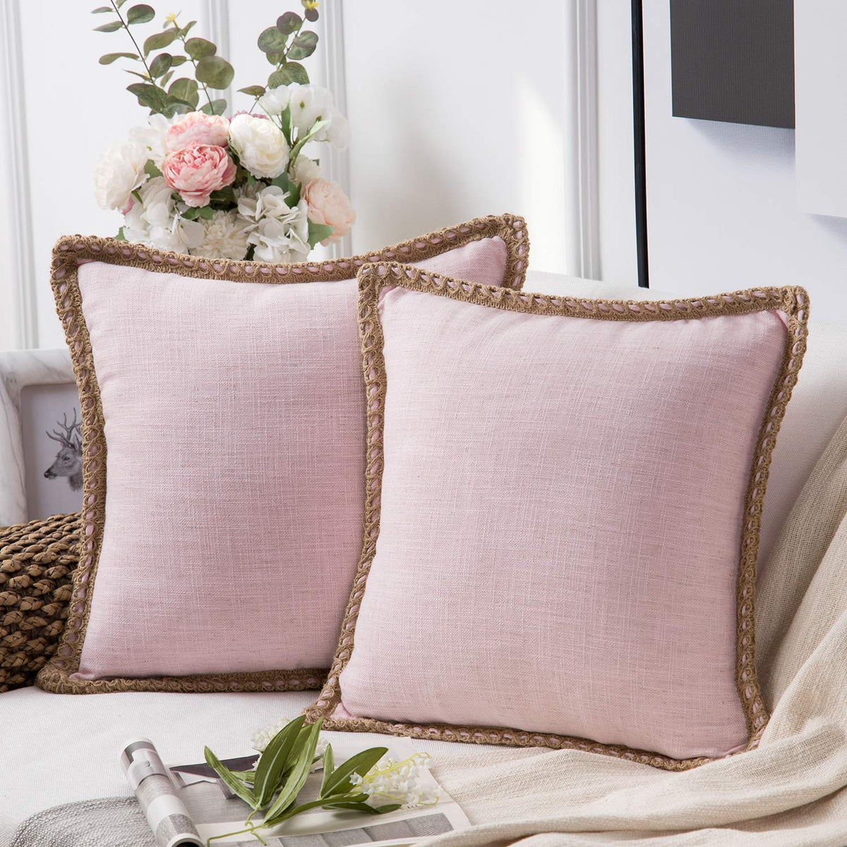 Phantoscope Pack of 2 Farmhouse Decorative Solid Throw Decorative Pillow Cover Burlap Linen Trimmed Tailored Edges Navy Blue 18 x 18 inches, 45 x 45 cm