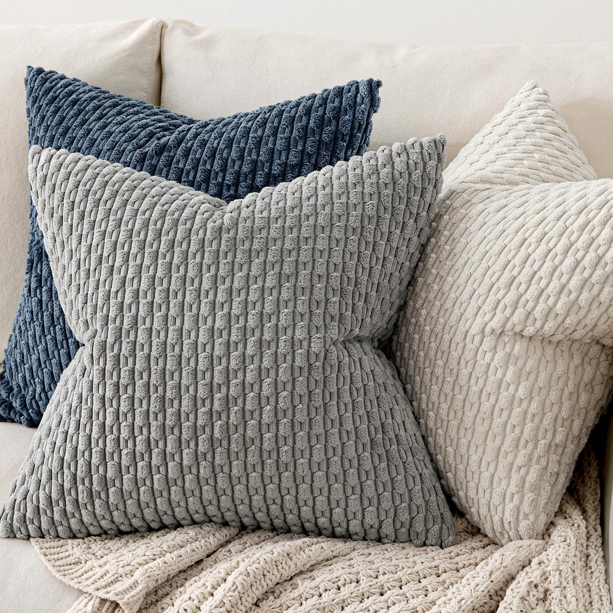 MIULEE Decorative Throw Pillow Covers 20x20 Cream White Textured Corduroy