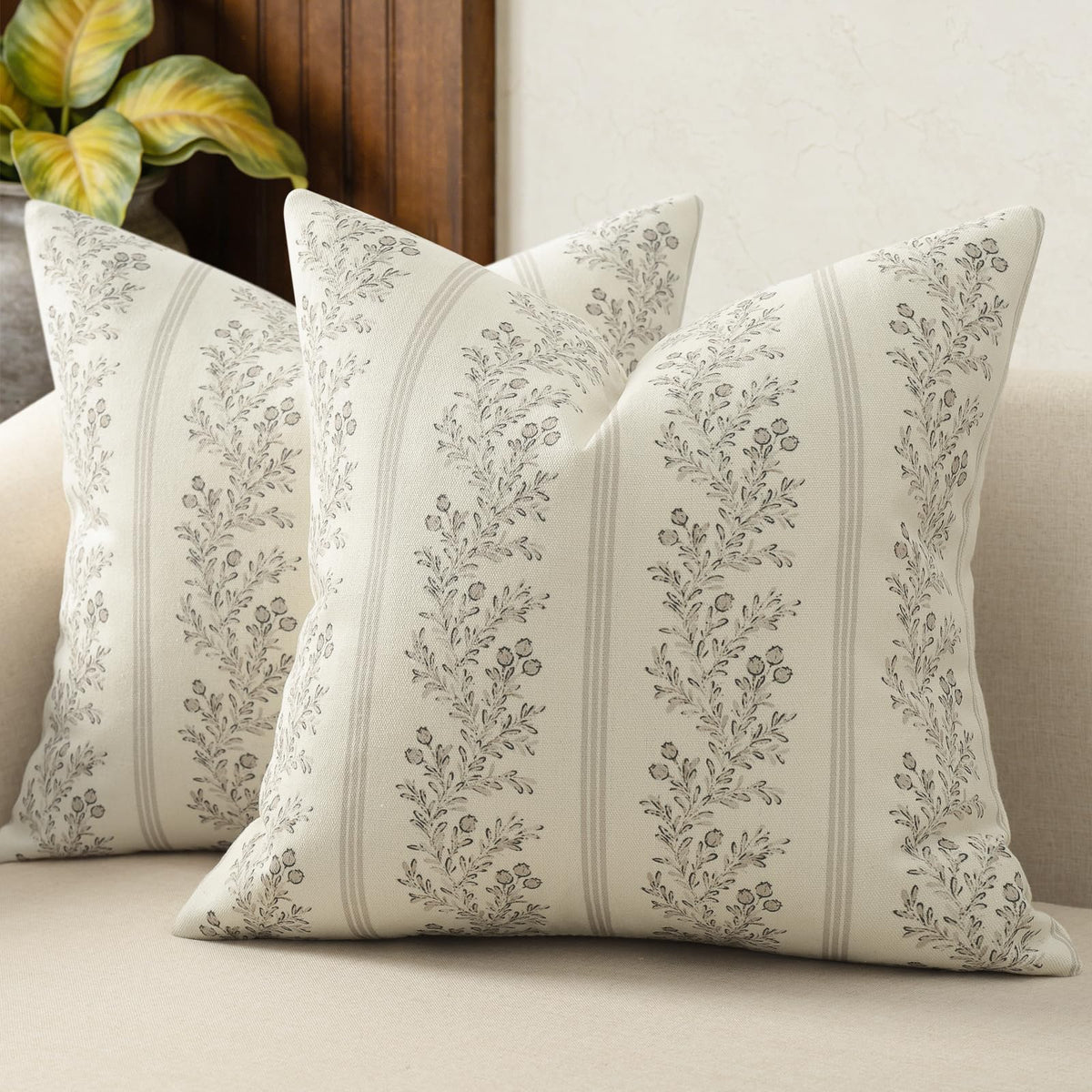 Vintage Throw Pillow Covers 18x18 Set of 2, Striped Floral Pillow Cover Botanical Patterned Decorative Cushion Covers Modern Farmhouse Home Decor for Sofa Couch Bed Living Room, Light Brown