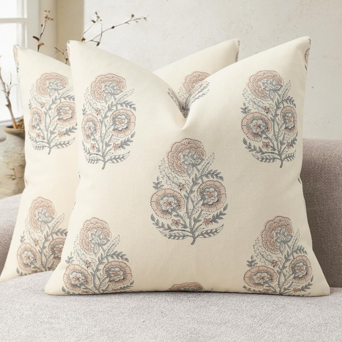 Vintage Floral Print Fall Pillow Covers 20x20 Set of 2 Patterned Accent Decorative Cushion Covers Modern Farmhouse Throw Pillow Covers for Sofa Couch Chair Bed Living Room Home Decor, Light Brown