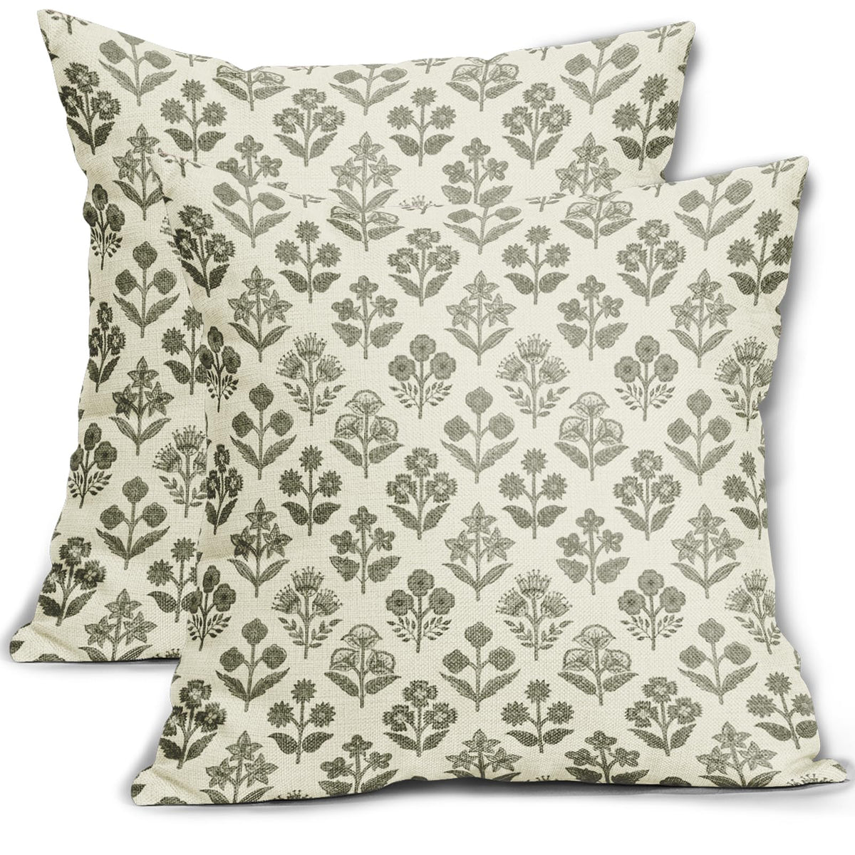 Blue Green Block Print Pillow Covers 18x18 Inch Set of 2, Vintage Floral Spring Decorative Throw Pillow Cases Boho Cushion Covers Rustic Decoration Gift Farmhouse Sofa Couch Bed Decor