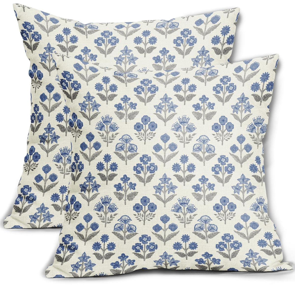 Blue Green Block Print Pillow Covers 18x18 Inch Set of 2, Vintage Floral Spring Decorative Throw Pillow Cases Boho Cushion Covers Rustic Decoration Gift Farmhouse Sofa Couch Bed Decor