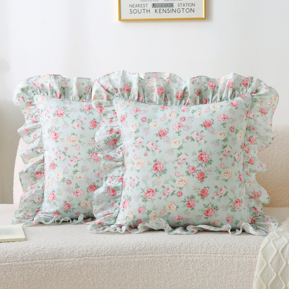 Gingham Throw Pillow Covers 18x18, Warm Taupe/White, Ruffle Trim
