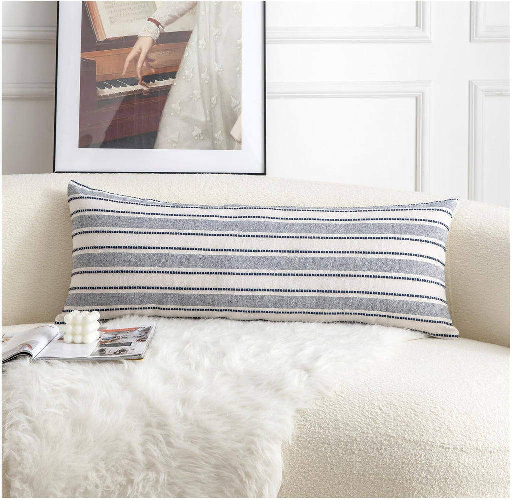 Cethom Decorative Boho Throw Pillow Covers, Farmhouse Textured Pillow Case, 20 x 20 Inch Set of 2, Chair Sofa Bedroom Living Room Home Decor Couch Cushion Case, Classic Blue and Beige Striped