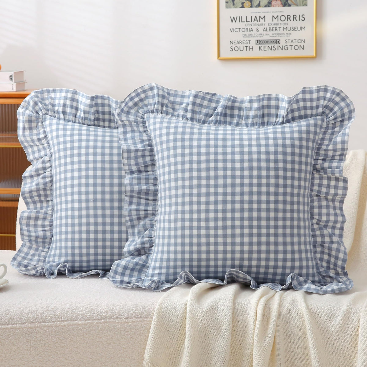 Gingham Throw Pillow Covers 18x18, Warm Taupe/White, Ruffle Trim