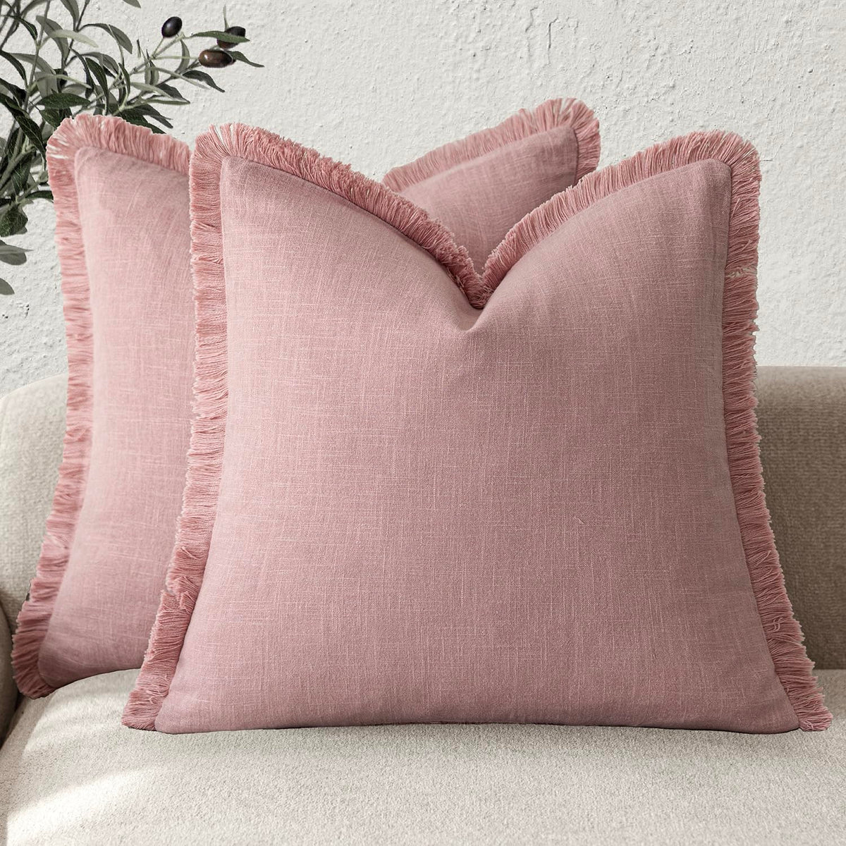 Foindtower Decorative Linen Fringe Throw Pillow Covers 20×20 Inch,Beige