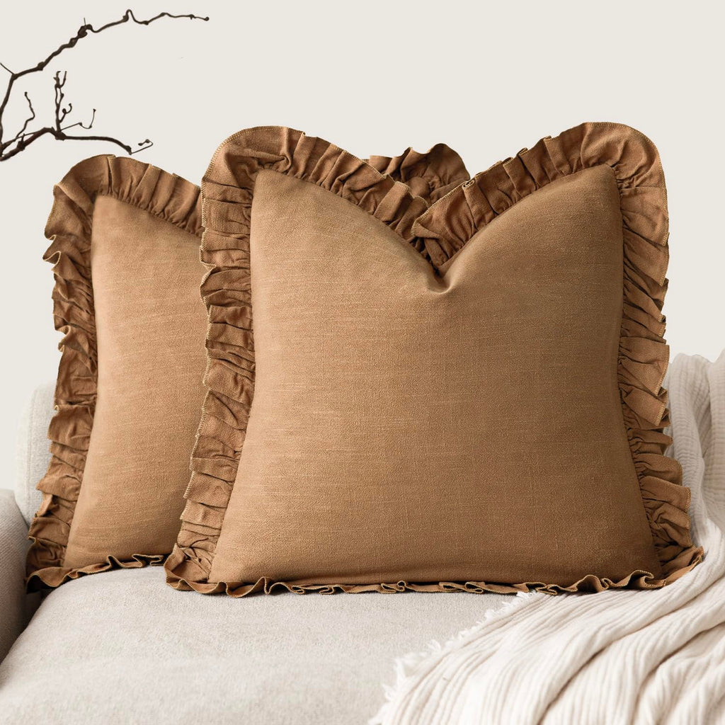 Foindtower Set of 2 Decorative Soild Fringe Ruffle Throw Pillow Covers Soft Boho Farmhouse Cushion Cover Cozy Accent Retro Pillowcase for Couch Sofa Bed Living Room Home Decor,20×20 Inch,Natural Beige