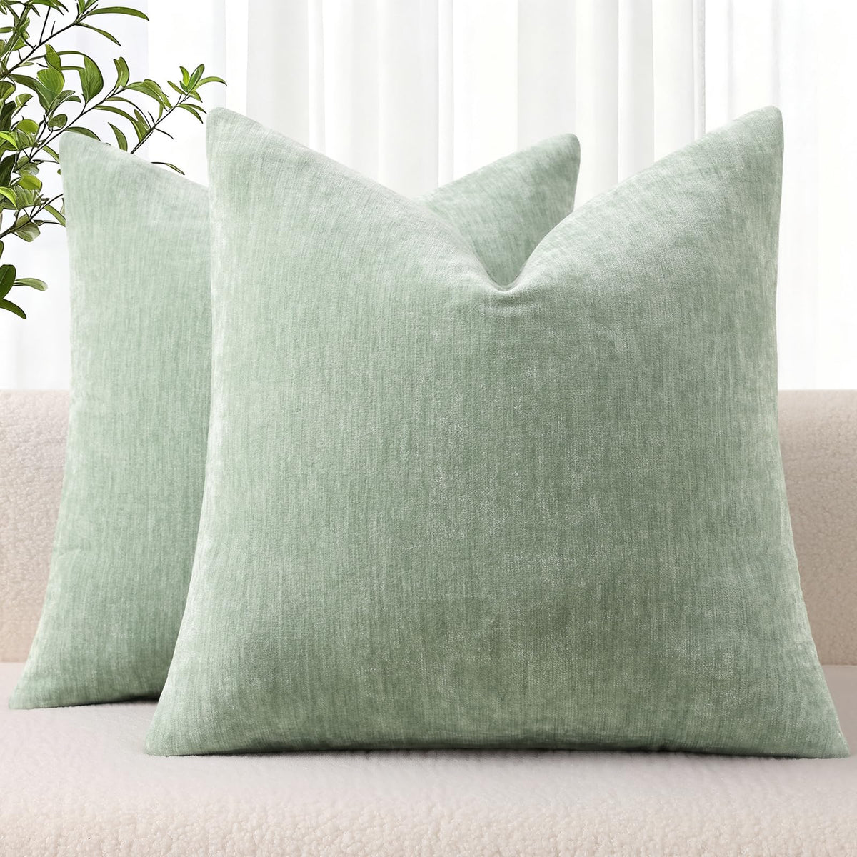 decorUhome Soft Chenille Moss Green Throw Pillow Covers 18X18 Set of 2