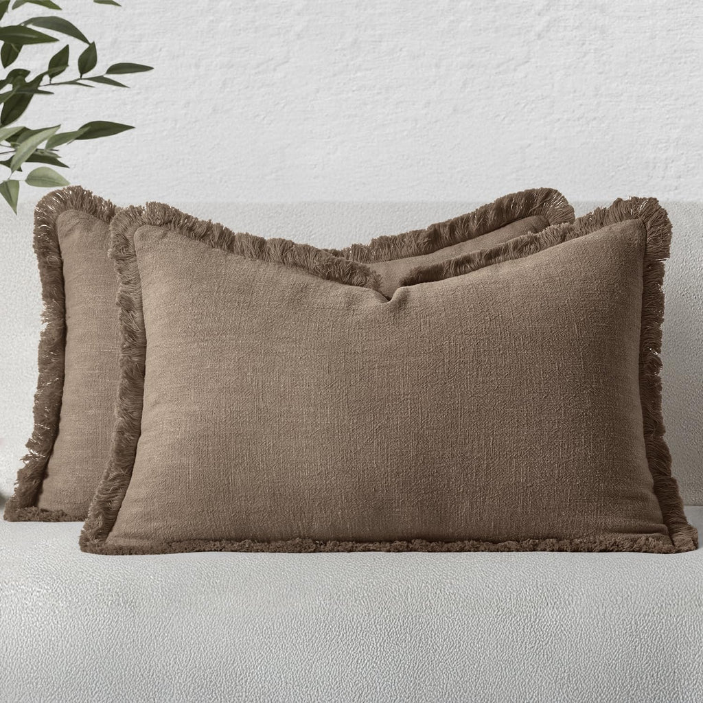 MIULEE Linen Fringe Decorative Throw Pillow Covers Natural Beige 20x20