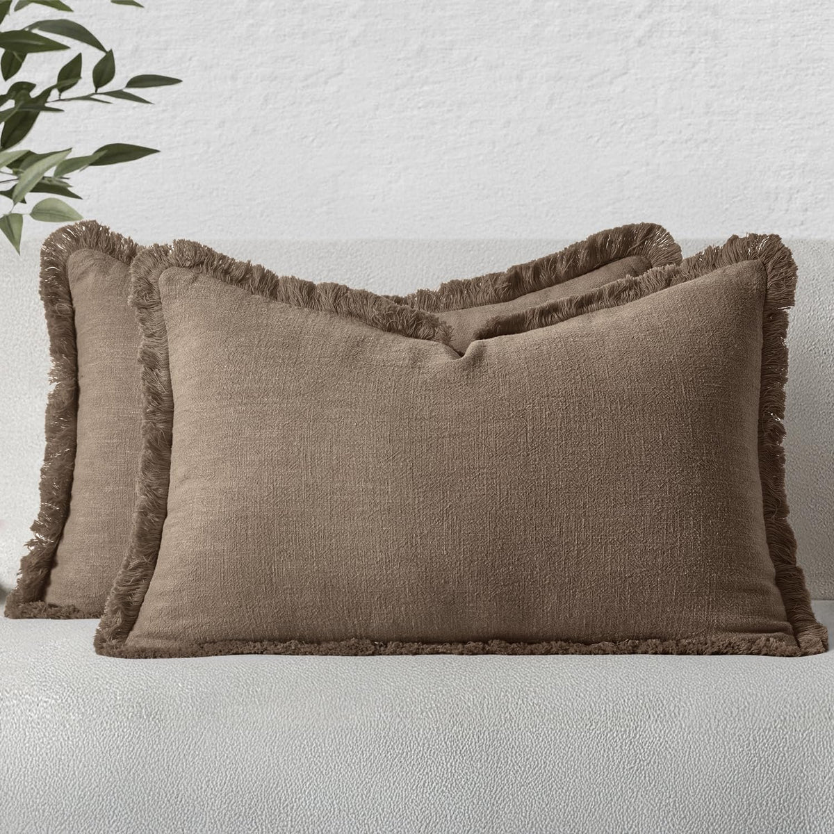 MIULEE Linen Fringe Decorative Throw Pillow Covers Natural Beige 20x20