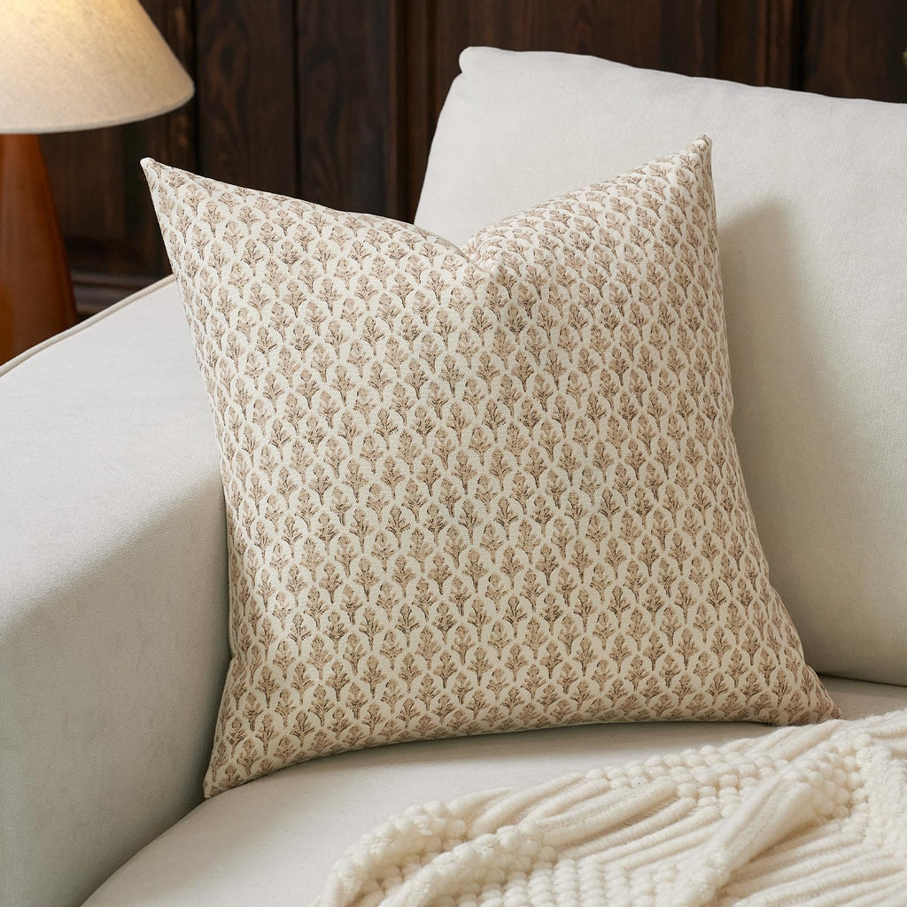 FIOUOVO Floral Pillow Covers 18x18 Pillow Cover Block Print Couch Pillows for Living Room Decorative Neutral Accent Throw Pillow Covers, 1PC, Light Taupe
