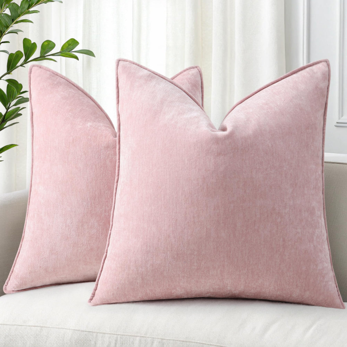 decorUhome Chenille Beige Velvet Throw Pillow Covers 18x18 Set of 2