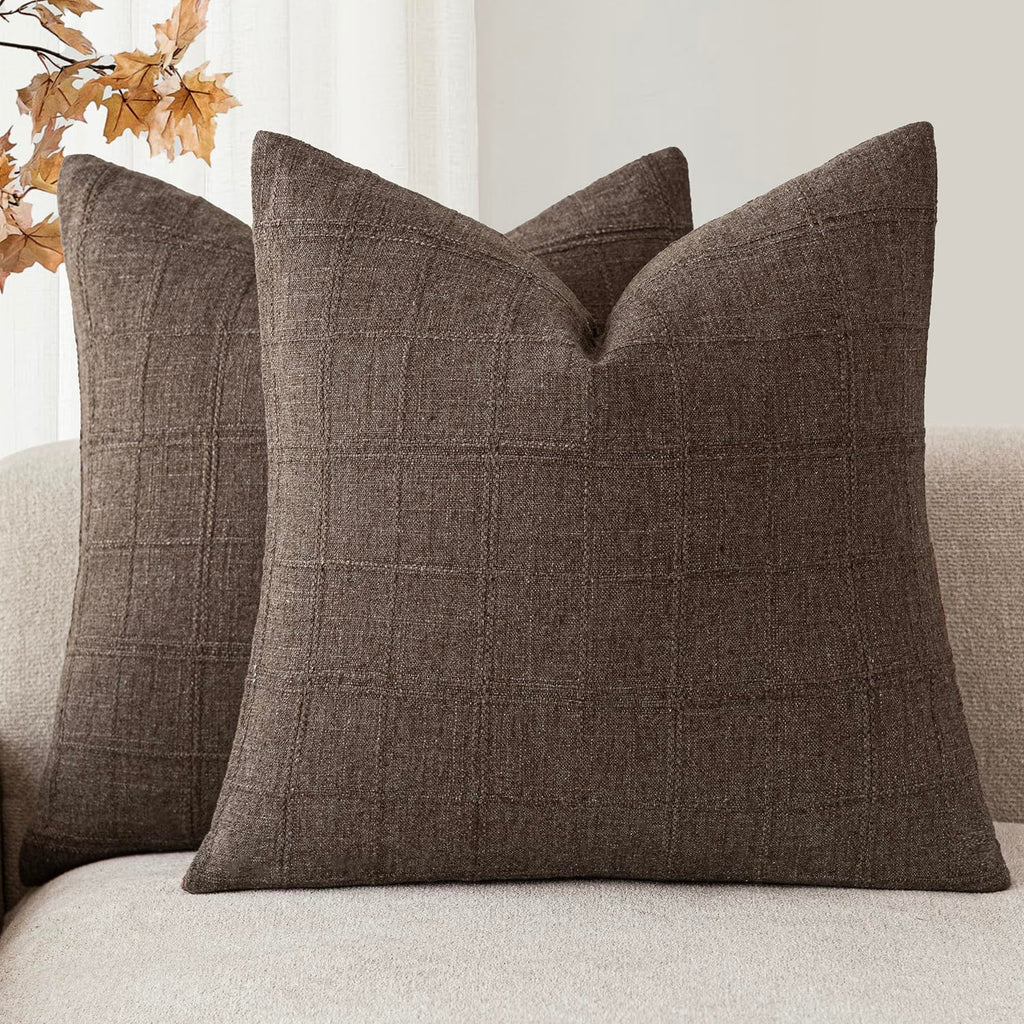 Foindtower Boho Linen Check Decorative Throw Pillow Cover 20×20 Olive Green