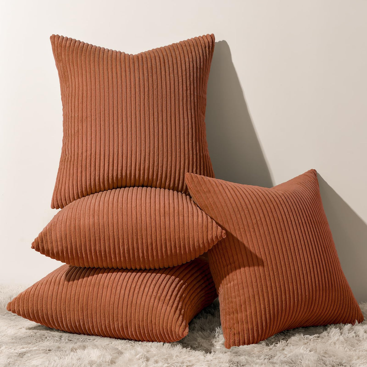 Topfinel Fall Burnt Orange Decorative Throw Pillows Covers 18x18 Inch Set of 4,Yellow Green Gradient Series Corduroy Striped Square Pillow Case,Western Modern Cushion Cover for Couch Sofa Bedroom