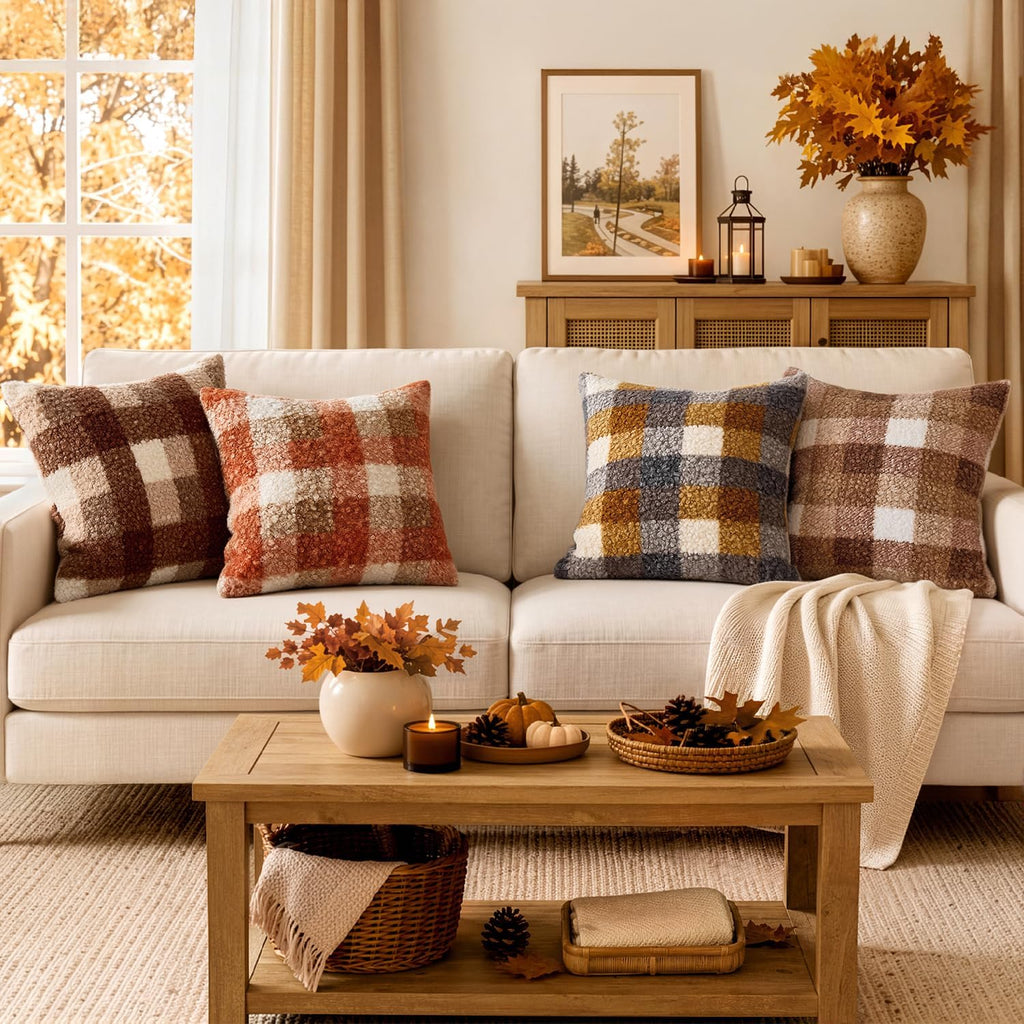 MIULEE Fall Plaid Pillow Covers Boucle Khaki White 18x18 Set of 2
