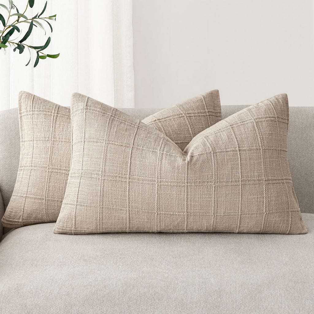 Foindtower Boho Linen Check Decorative Throw Pillow Cover 20×20 Olive Green