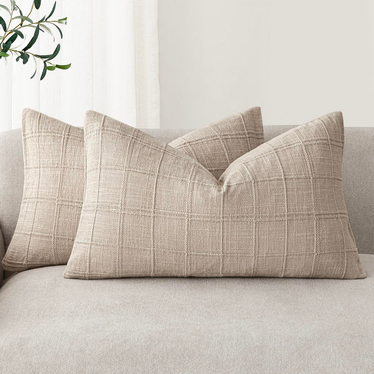 Foindtower Boho Linen Check Decorative Throw Pillow Cover 20×20 Olive Green