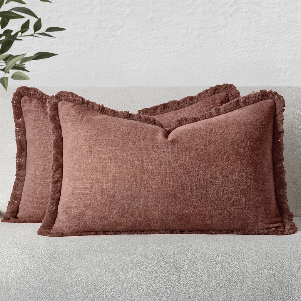 MIULEE Linen Fringe Decorative Throw Pillow Covers Natural Beige 20x20