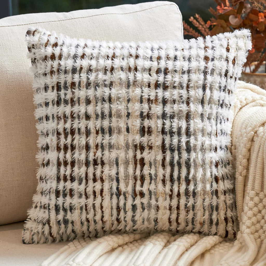 Aeckself Boho Chenille Tufted Pillow Cover 20 x 20 Inch, Decorative Square Throw Pillow Cover Neutral Pillowcase for Couch Bedroom Living Room, Orange White