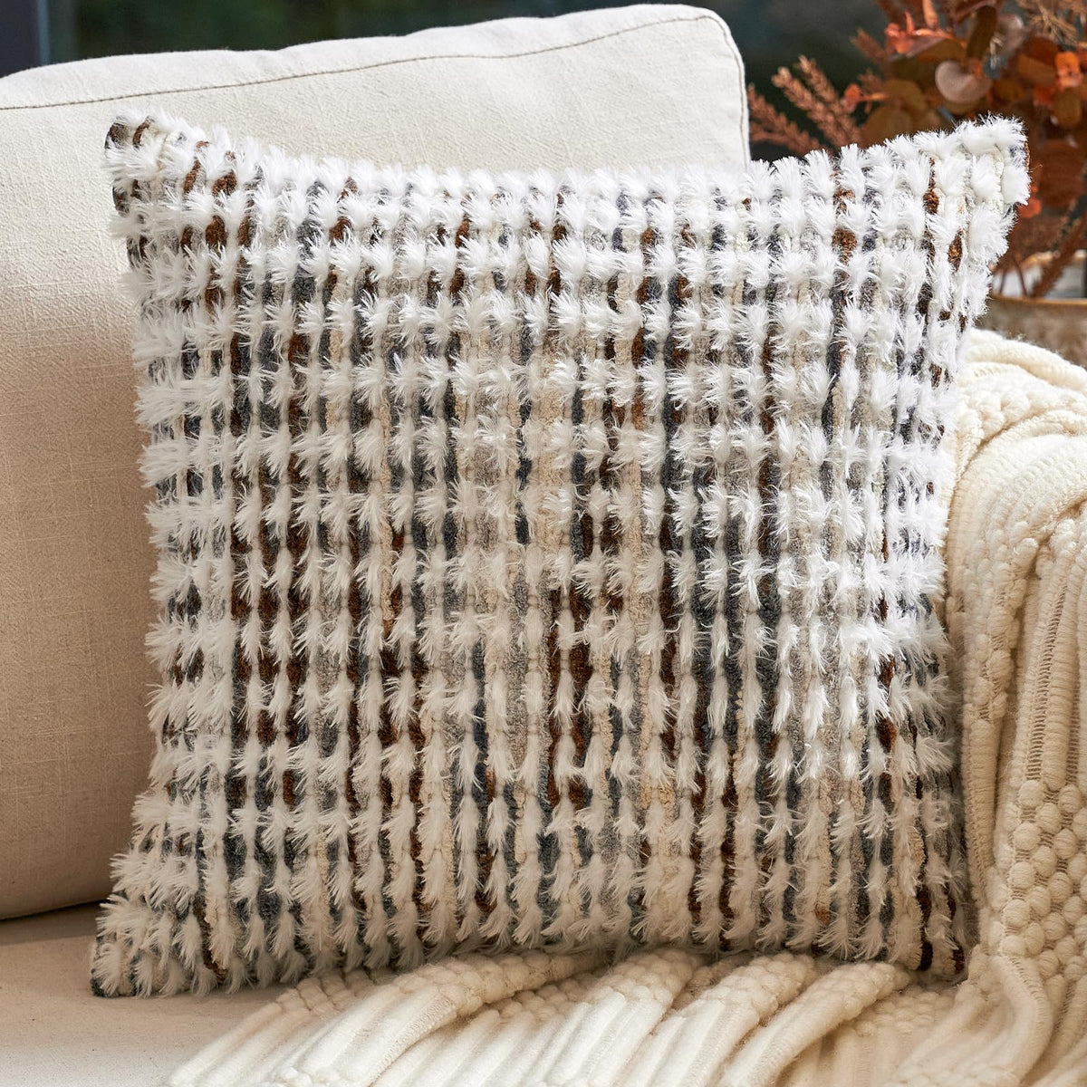 Aeckself Boho Chenille Tufted Pillow Cover 20 x 20 Inch, Decorative Square Throw Pillow Cover Neutral Pillowcase for Couch Bedroom Living Room, Orange White
