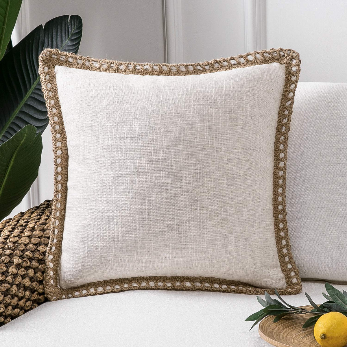 Phantoscope Pack of 2 Farmhouse Decorative Solid Throw Decorative Pillow Cover Burlap Linen Trimmed Tailored Edges Navy Blue 18 x 18 inches, 45 x 45 cm