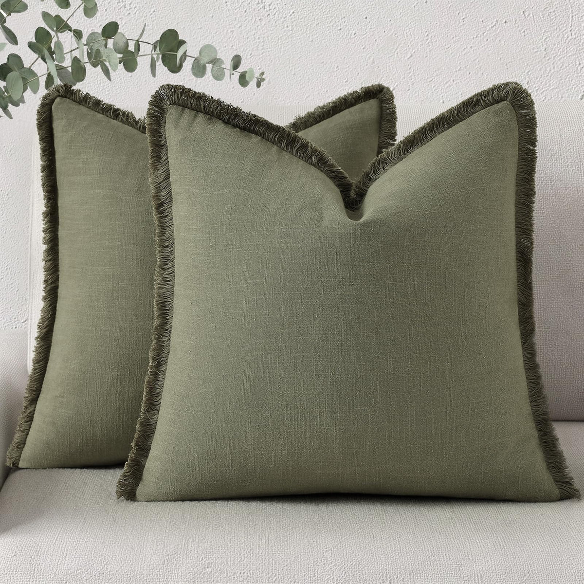 decorUhome Linen Fringe Natural Beige Throw Pillow Covers 18x18 Set of 2