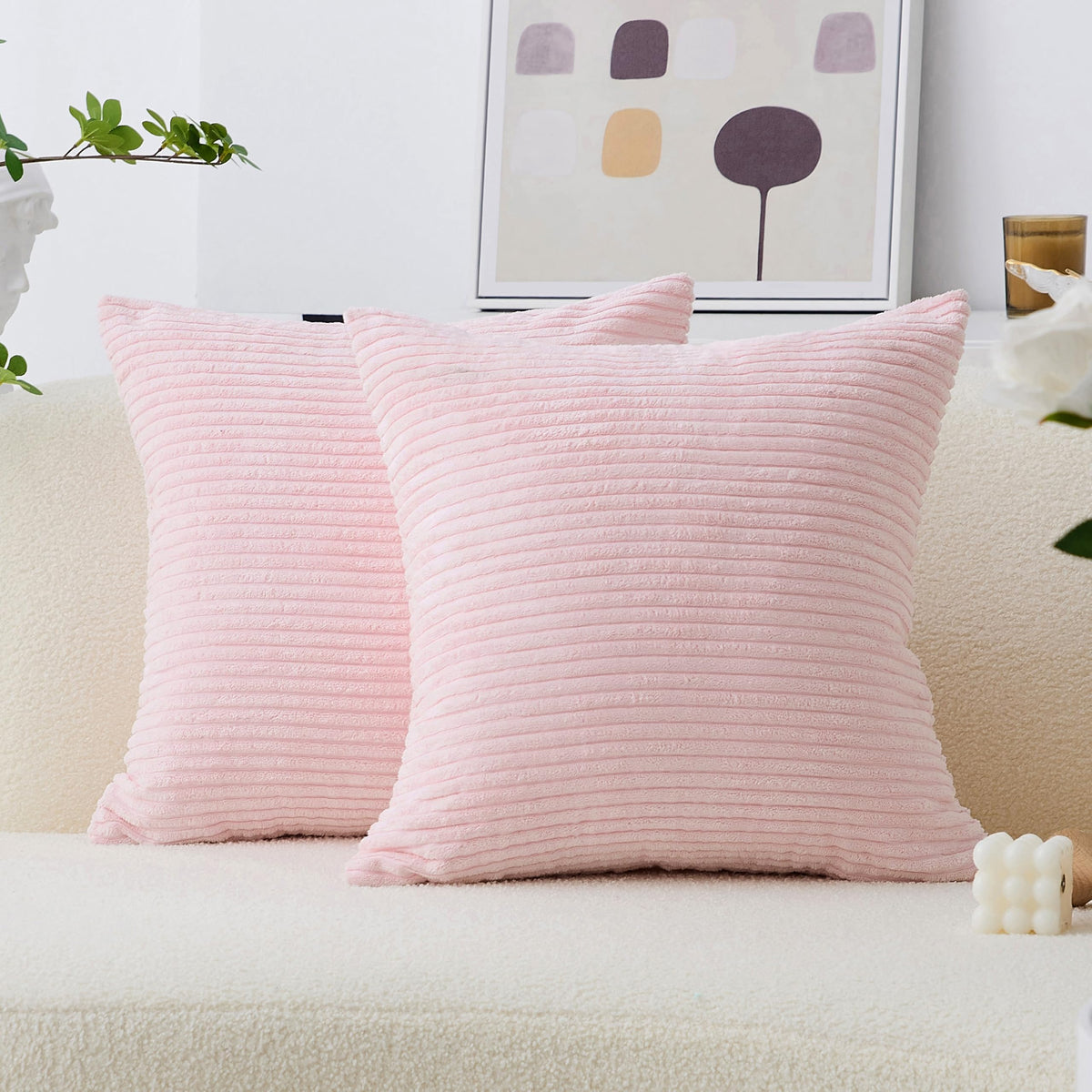 Home Brilliant Yellow Pillow Covers Summer Decorative Set of 2 Striped Corduroy Plush Velvet Throw Pillow Covers for Couch Decor, 18x18 inch, Light Yellow