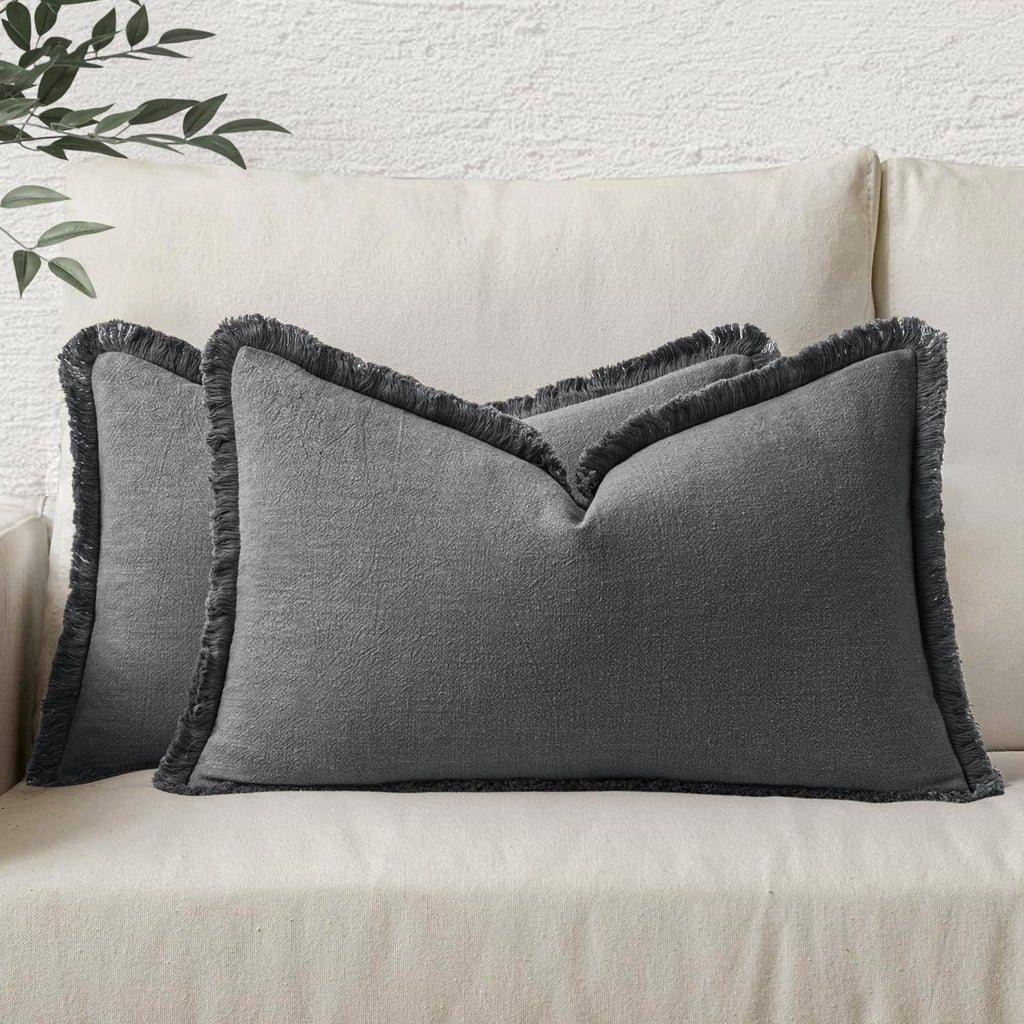 MIULEE Linen Fringe Decorative Throw Pillow Covers Natural Beige 20x20